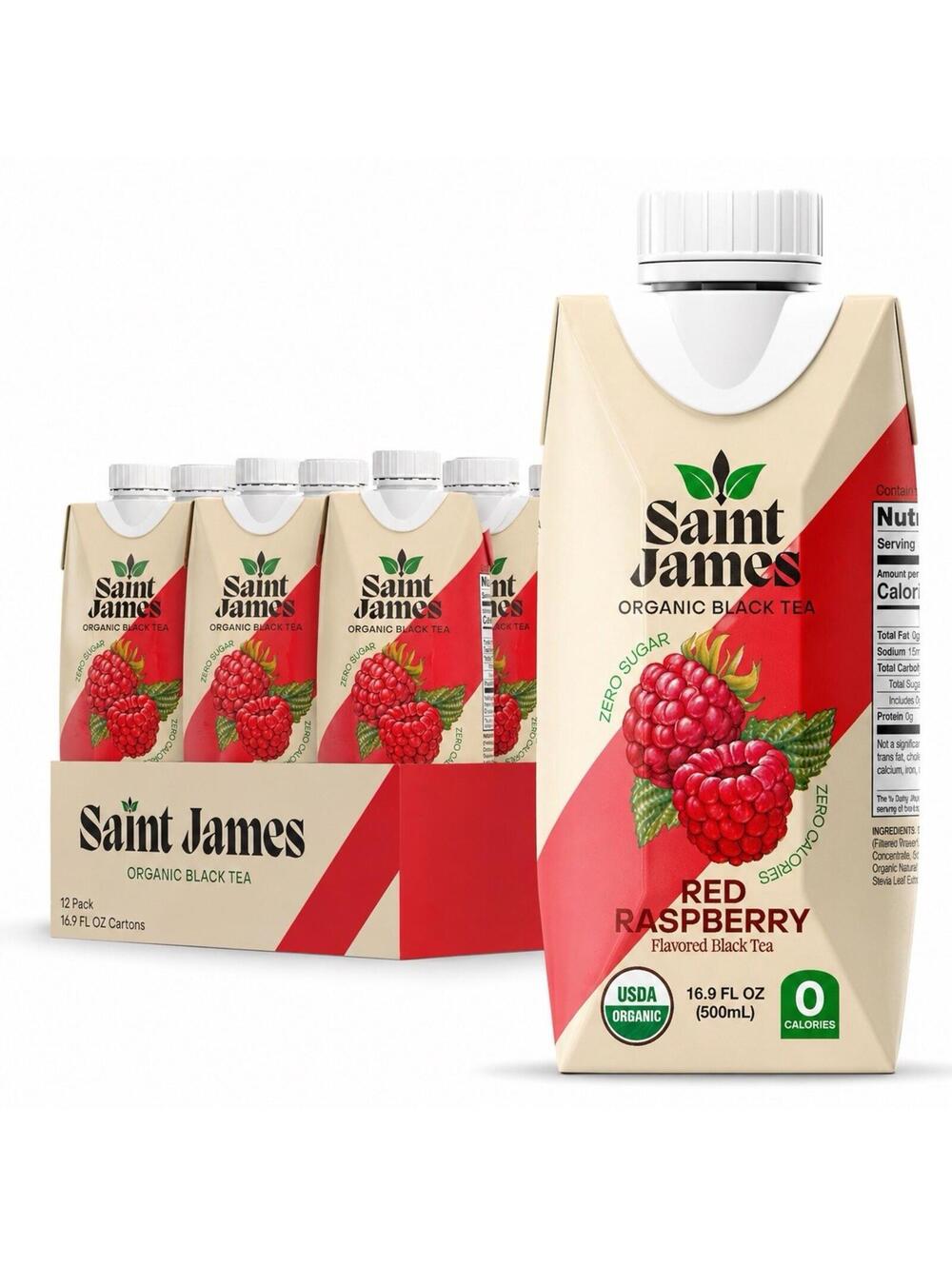 Saint James Red Raspberry Black Tea 12 Pack 16.9oz Zero Sugar Non GMO Organic